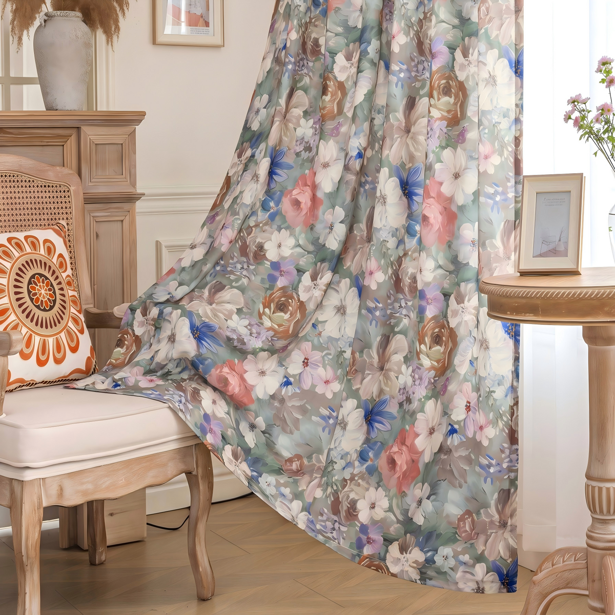 Mixed Color Vintage Watercolor Floral Velvet Curtains Grommet Top 2 Panel - product image 1