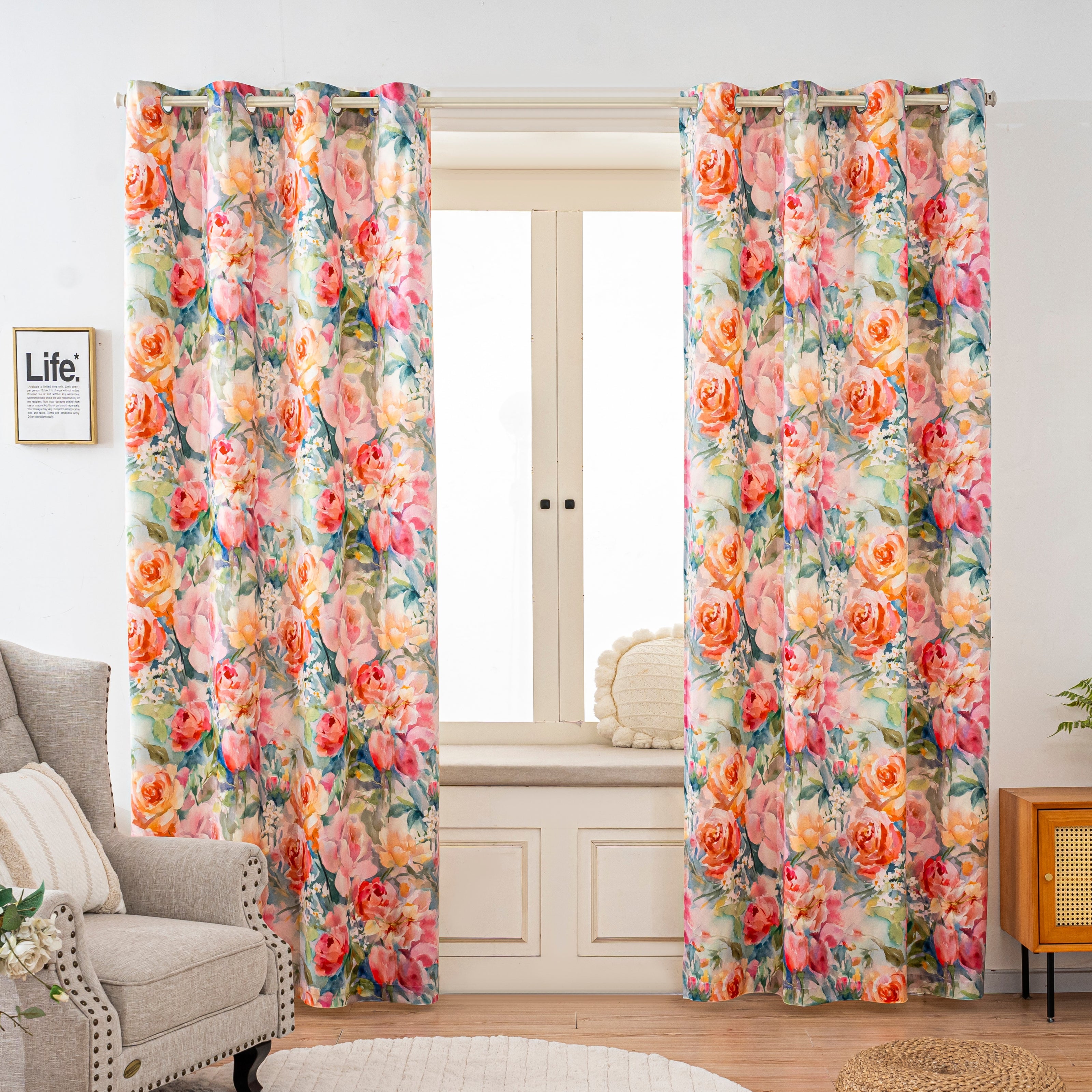 Watercolor Orange Pink Rose Velvet Curtains Grommet Top 2 Panel