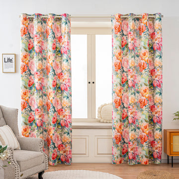 Watercolor Orange Pink Rose Velvet Curtains Grommet Top 2 Panel