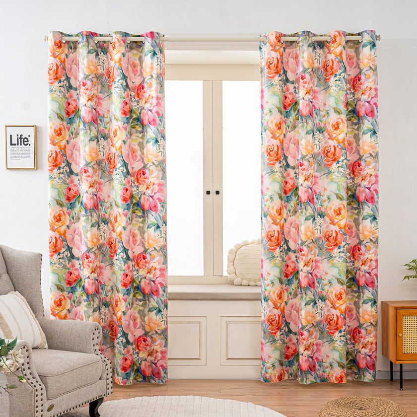 Watercolor Orange Pink Rose Velvet Curtains Grommet Top 2 Panel