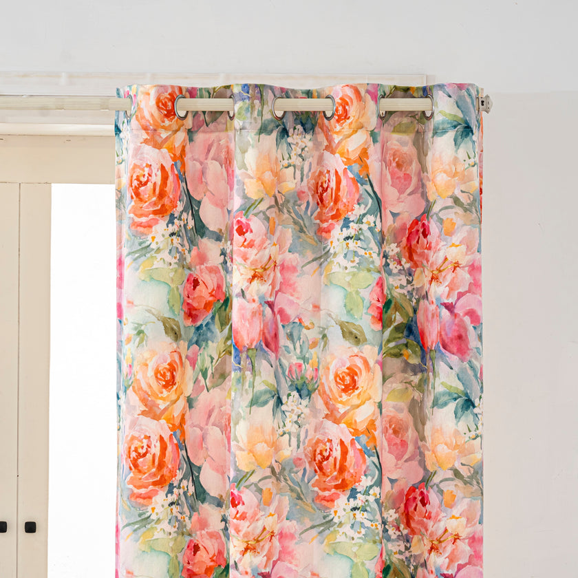 Watercolor Orange Pink Rose Velvet Curtains Grommet Top 2 Panel