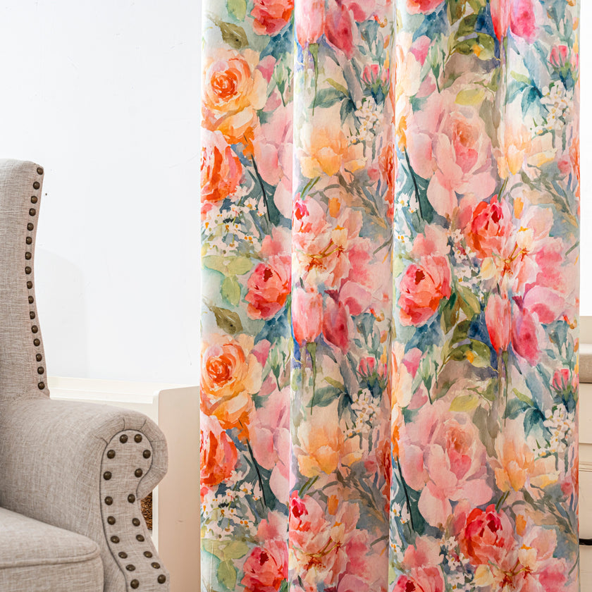 Watercolor Orange Pink Rose Velvet Curtains Grommet Top 2 Panel