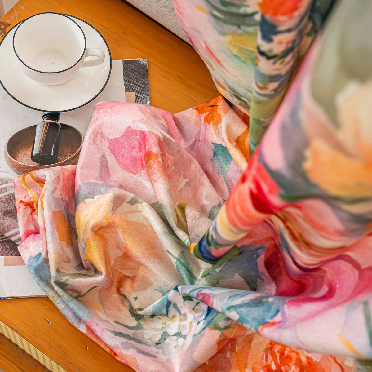 Watercolor Orange Pink Rose Velvet Curtains Grommet Top 2 Panel