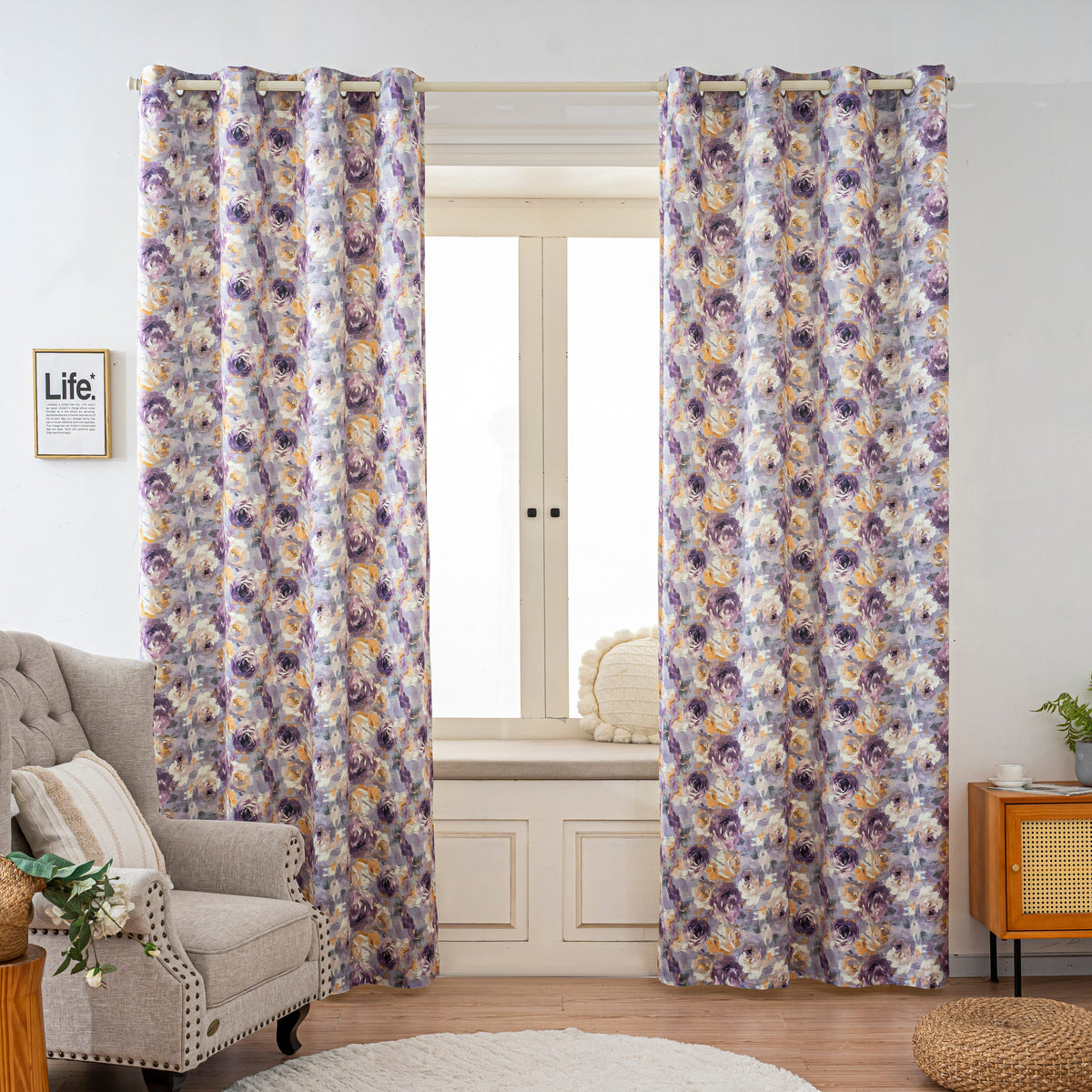 Muted Purple Yellow Rose Velvet Curtains Grommet Top 2 Panel