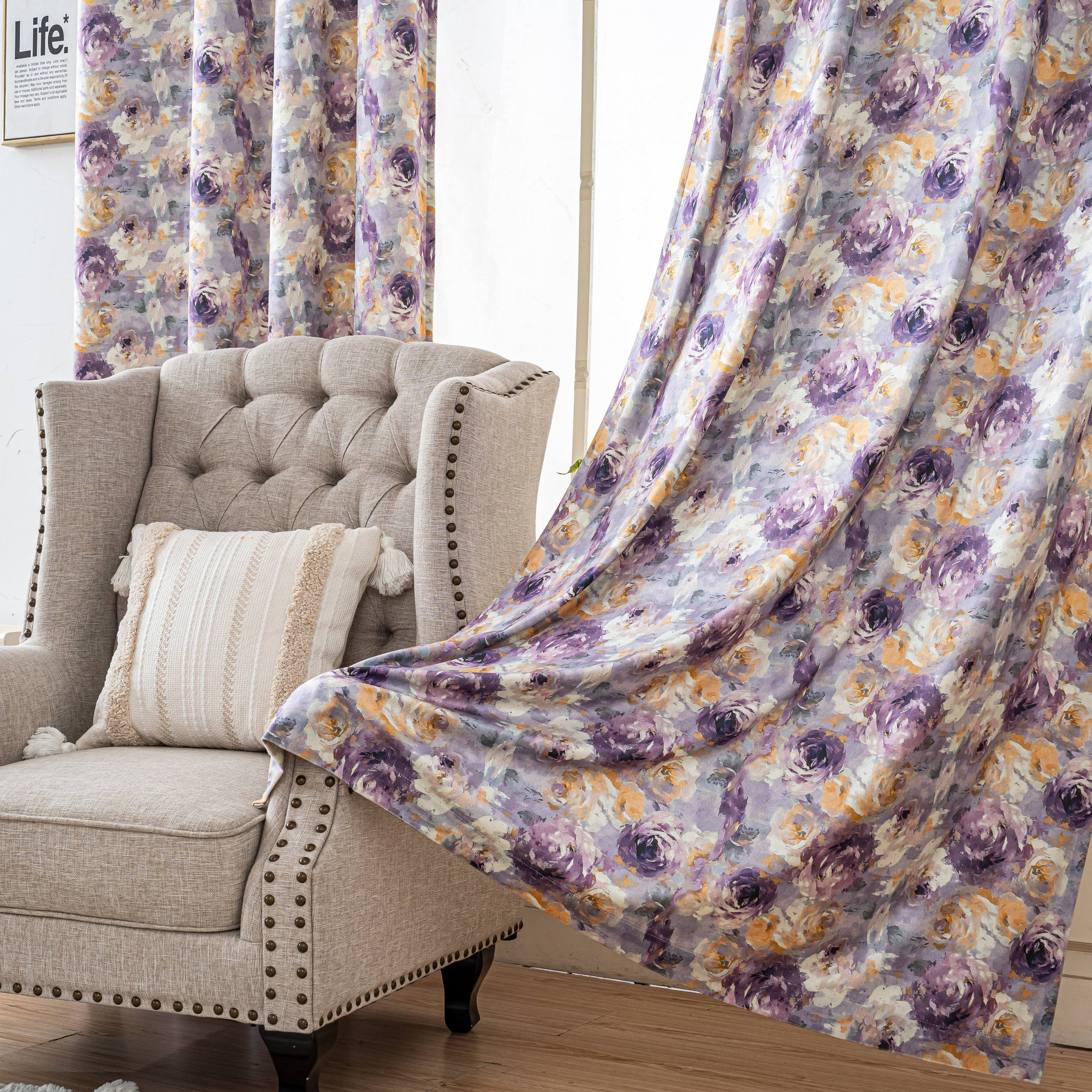 Muted Purple Yellow Rose Velvet Curtains Grommet Top 2 Panel