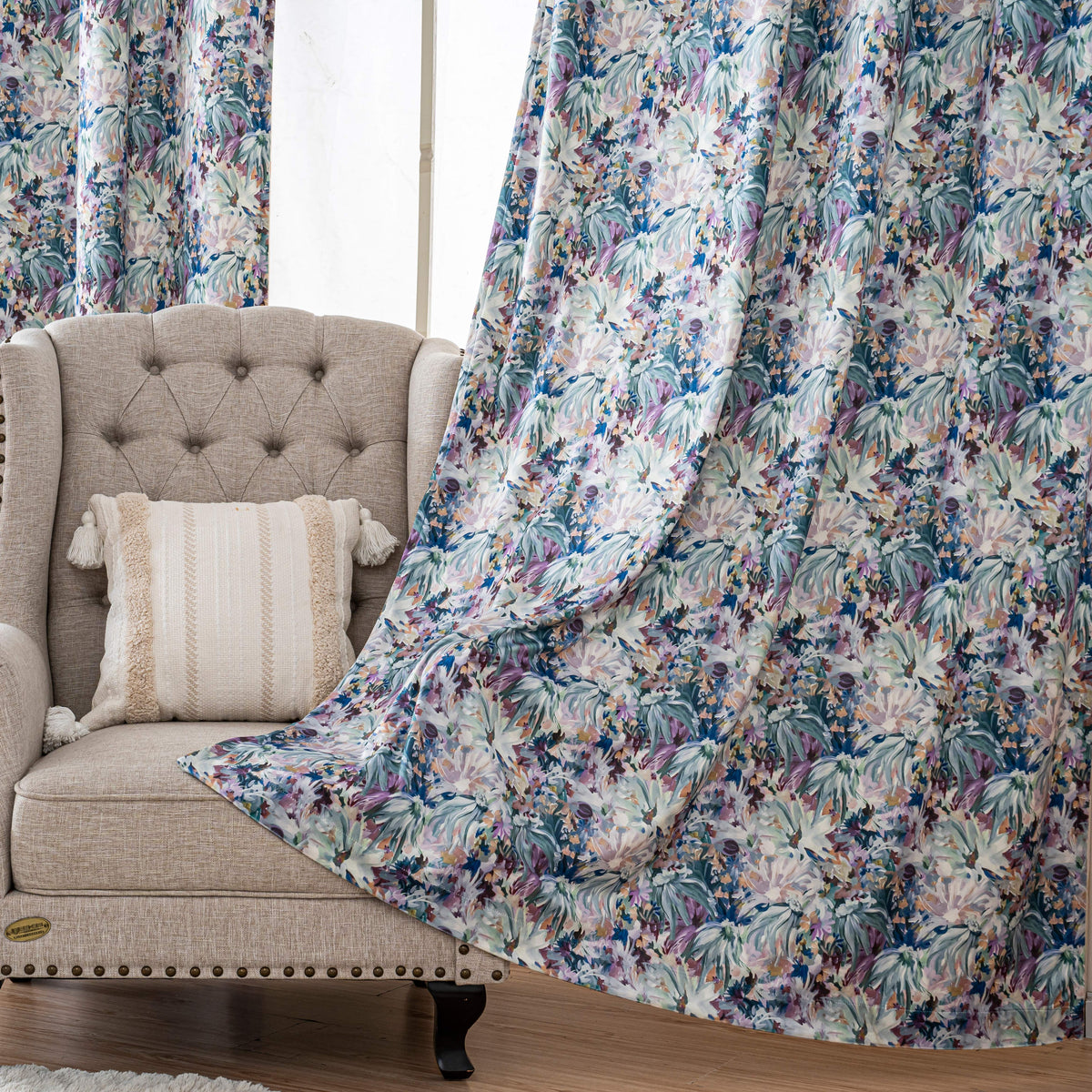 Purple Dahlia Floral Velvet Curtains Grommet Top 2 Panel