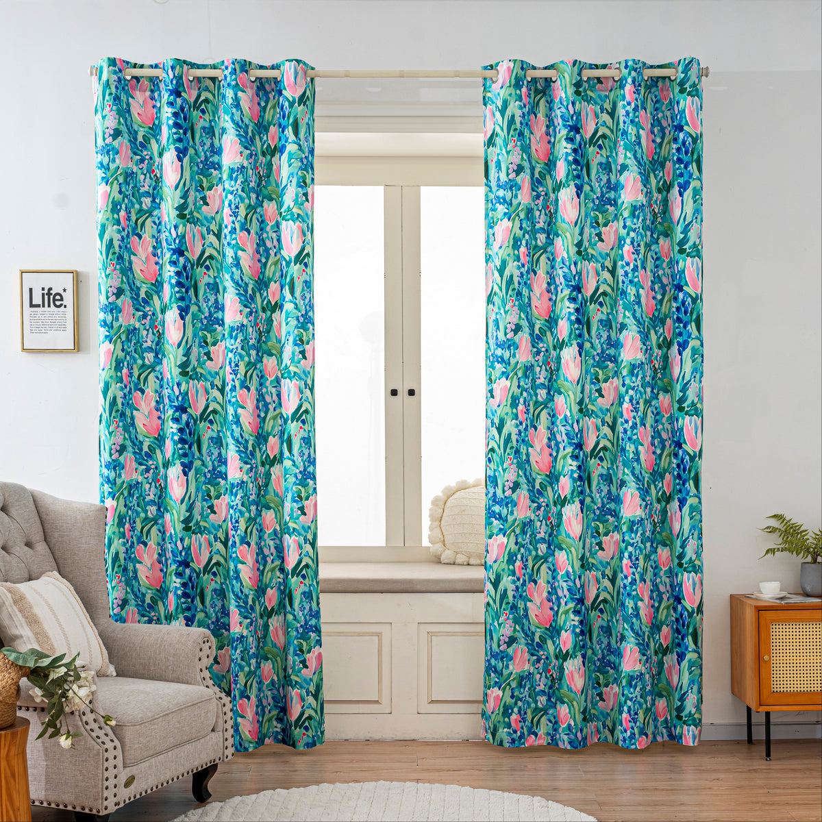 Blue Pink Tulip Floral Velvet Curtains Grommet Top 2 Panel