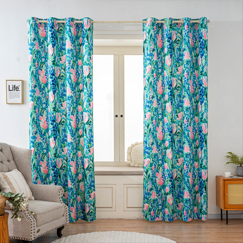 Blue Pink Tulip Floral Velvet Curtains Grommet Top 2 Panel