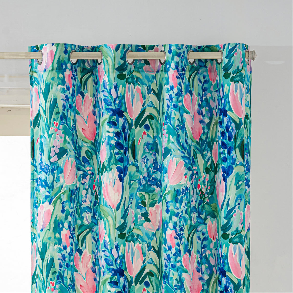 Blue Pink Tulip Floral Velvet Curtains Grommet Top 2 Panel