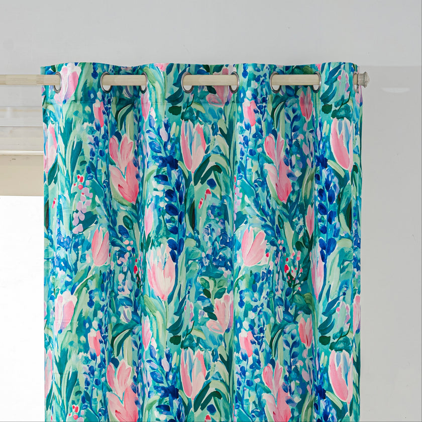 Blue Pink Tulip Floral Velvet Curtains Grommet Top 2 Panel