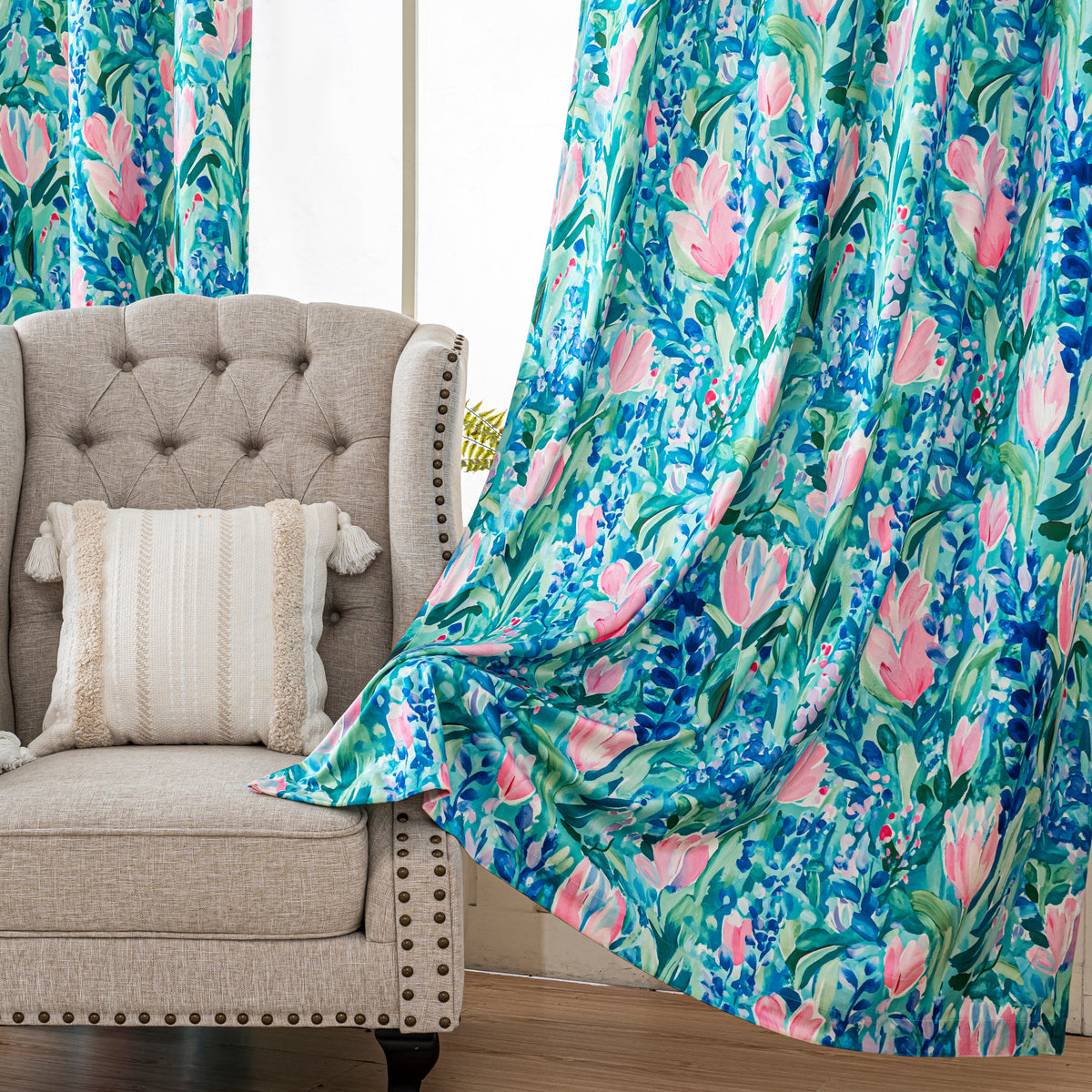 Blue Pink Tulip Floral Velvet Curtains Grommet Top 2 Panel
