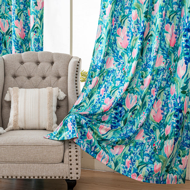 Blue Pink Tulip Floral Velvet Curtains Grommet Top 2 Panel