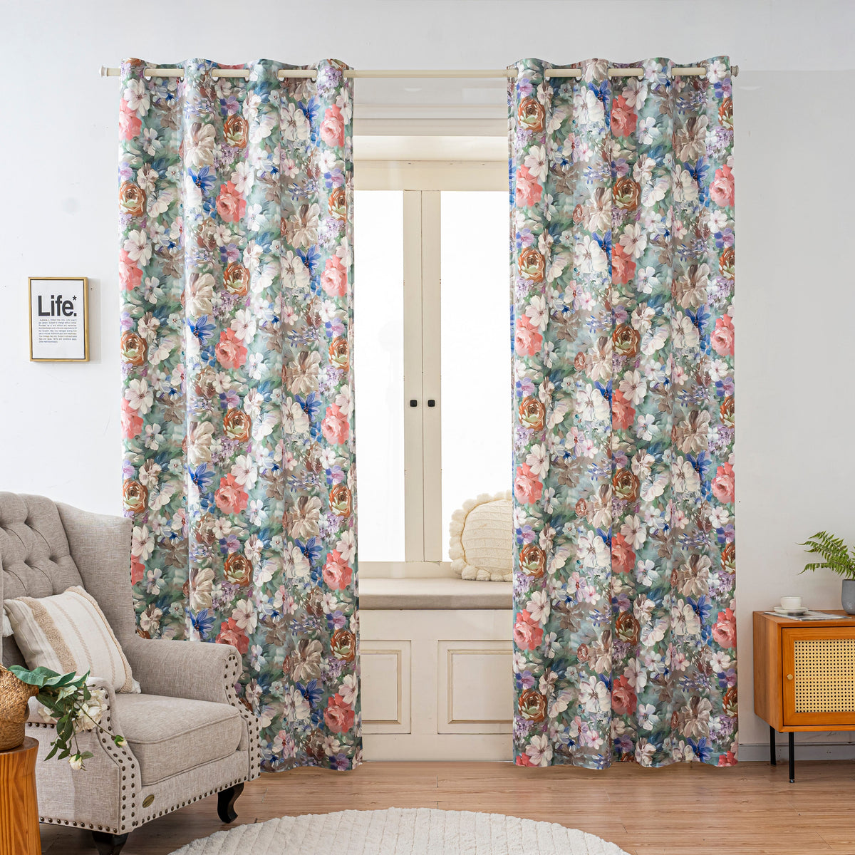 Mixed Color Vintage Watercolor Floral Velvet Curtains Grommet Top 2 Panel - product image 3