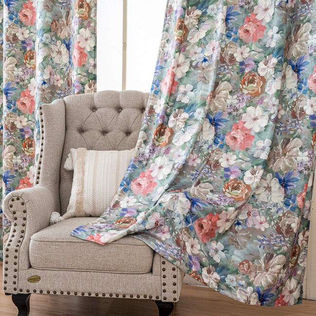 Mixed Color Vintage Watercolor Floral Velvet Curtains Grommet Top 2 Panel