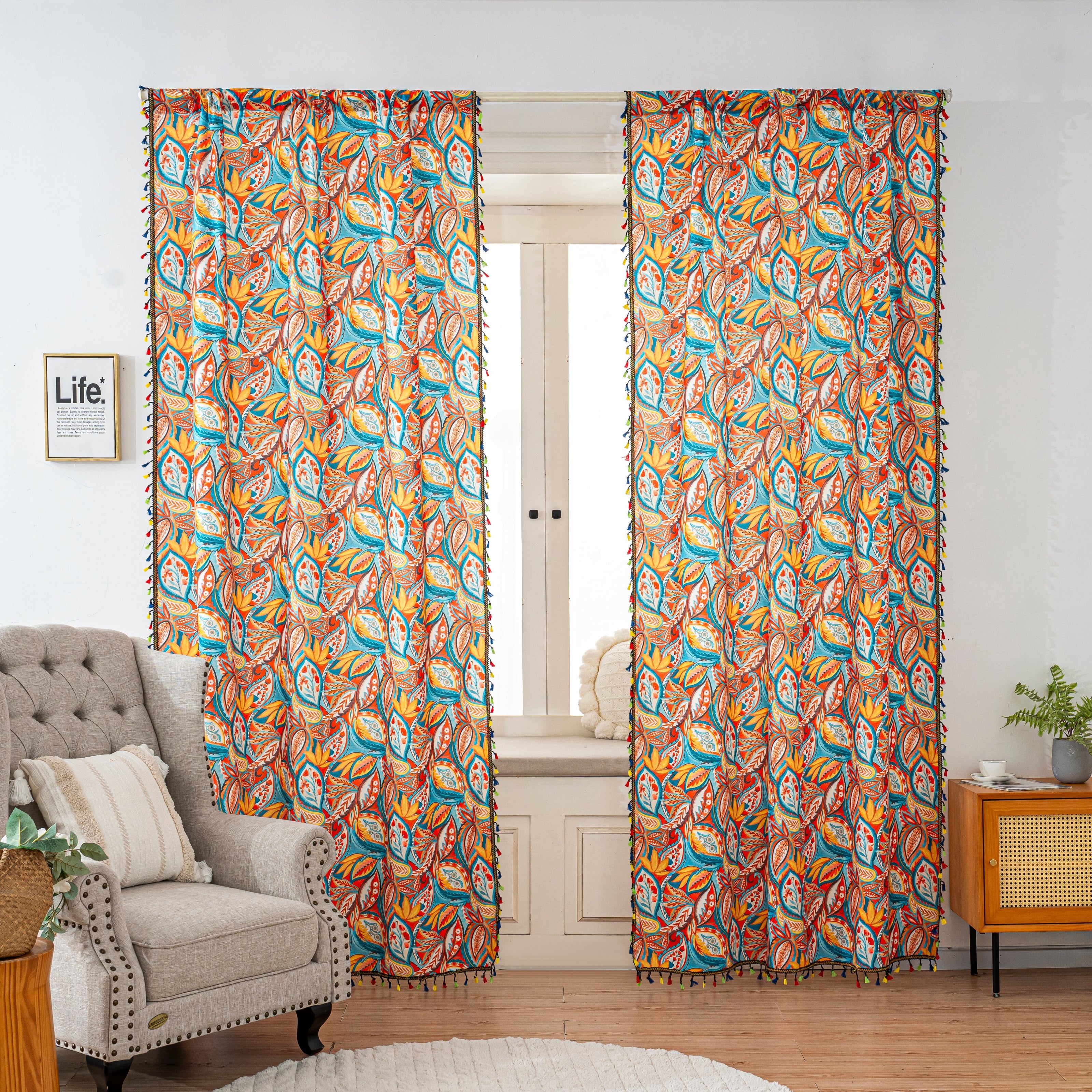 Orange And Blue Paisley Boho Curtains Rod Pocket Light Filtering 2 Panel