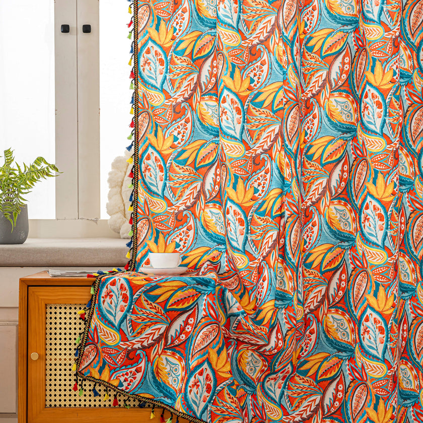 Orange And Blue Paisley Boho Curtains Rod Pocket Light Filtering 2 Panel