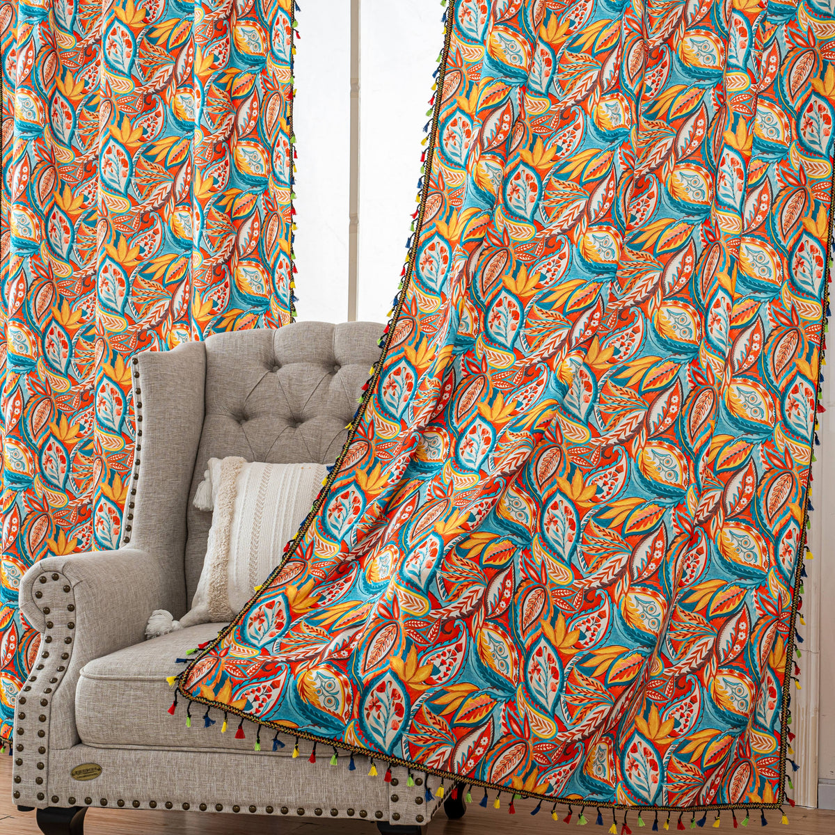 Orange And Blue Paisley Boho Curtains Rod Pocket Light Filtering 2 Panel