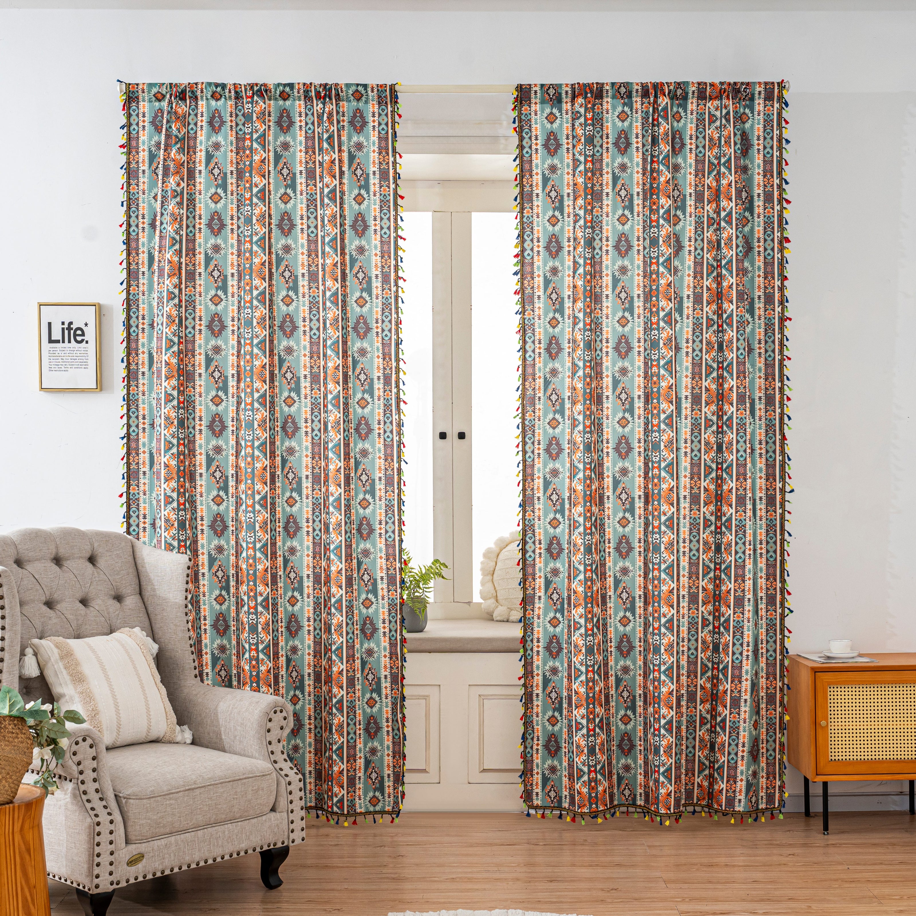 Teal Orange Geometric Curtains Farmhouse Tassel Design 2Panel