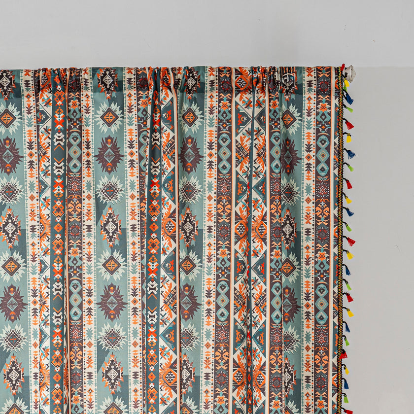 Teal Orange Geometric Curtains Farmhouse Tassel Design 2Panel