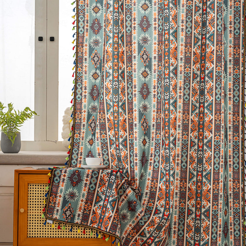 Teal Orange Geometric Curtains Farmhouse Tassel Design 2Panel