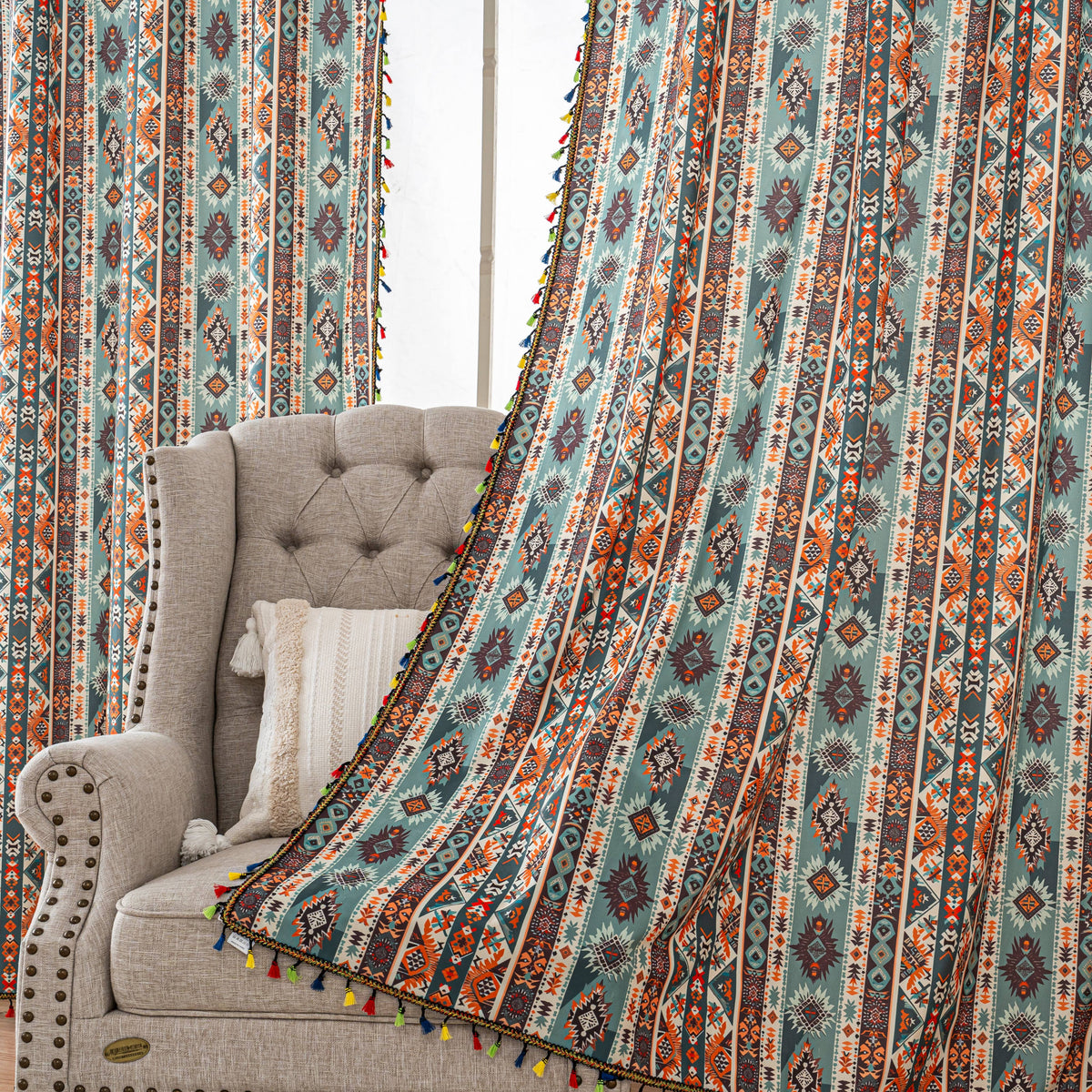 Teal Orange Geometric Curtains Farmhouse Tassel Design 2Panel