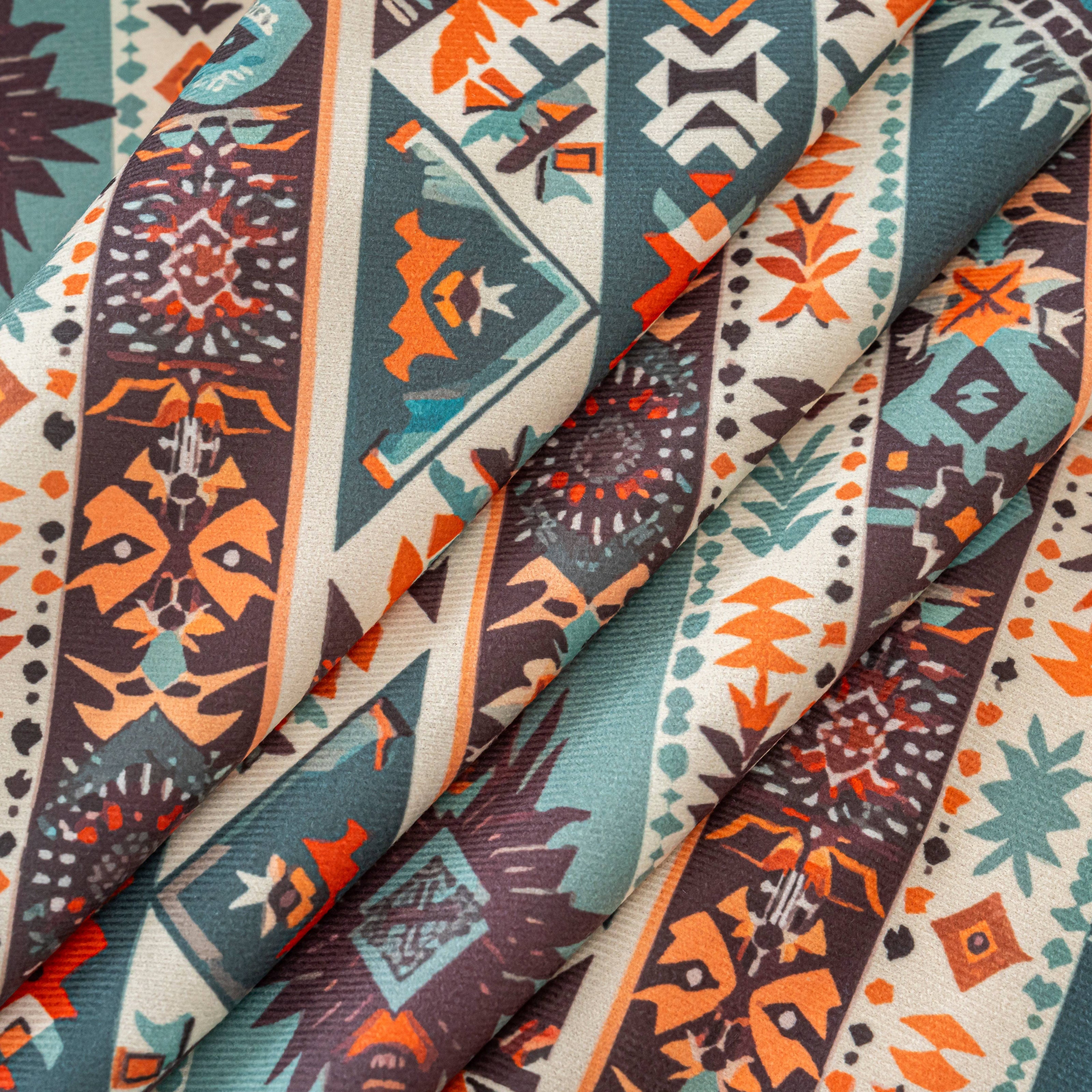 Teal Orange Geometric Curtains Farmhouse Tassel Design 2Panel
