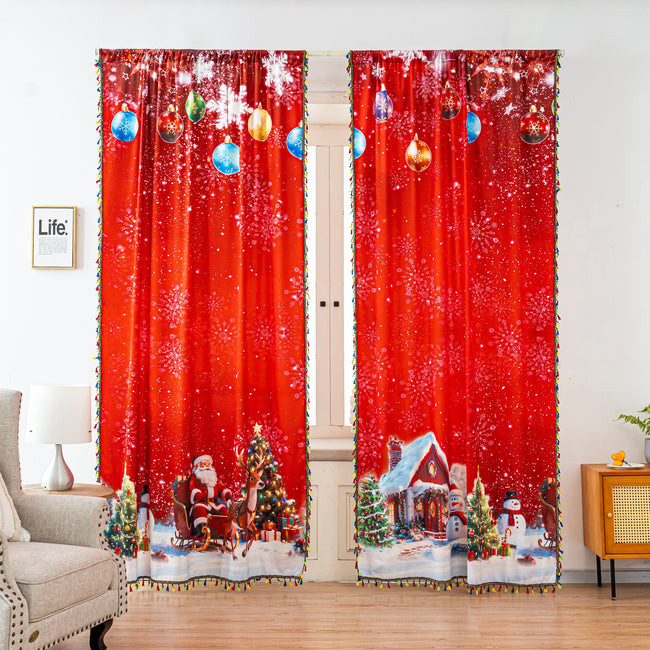 Red Christmas Santa Print Tassel Curtains Grommet Top 2 Panel