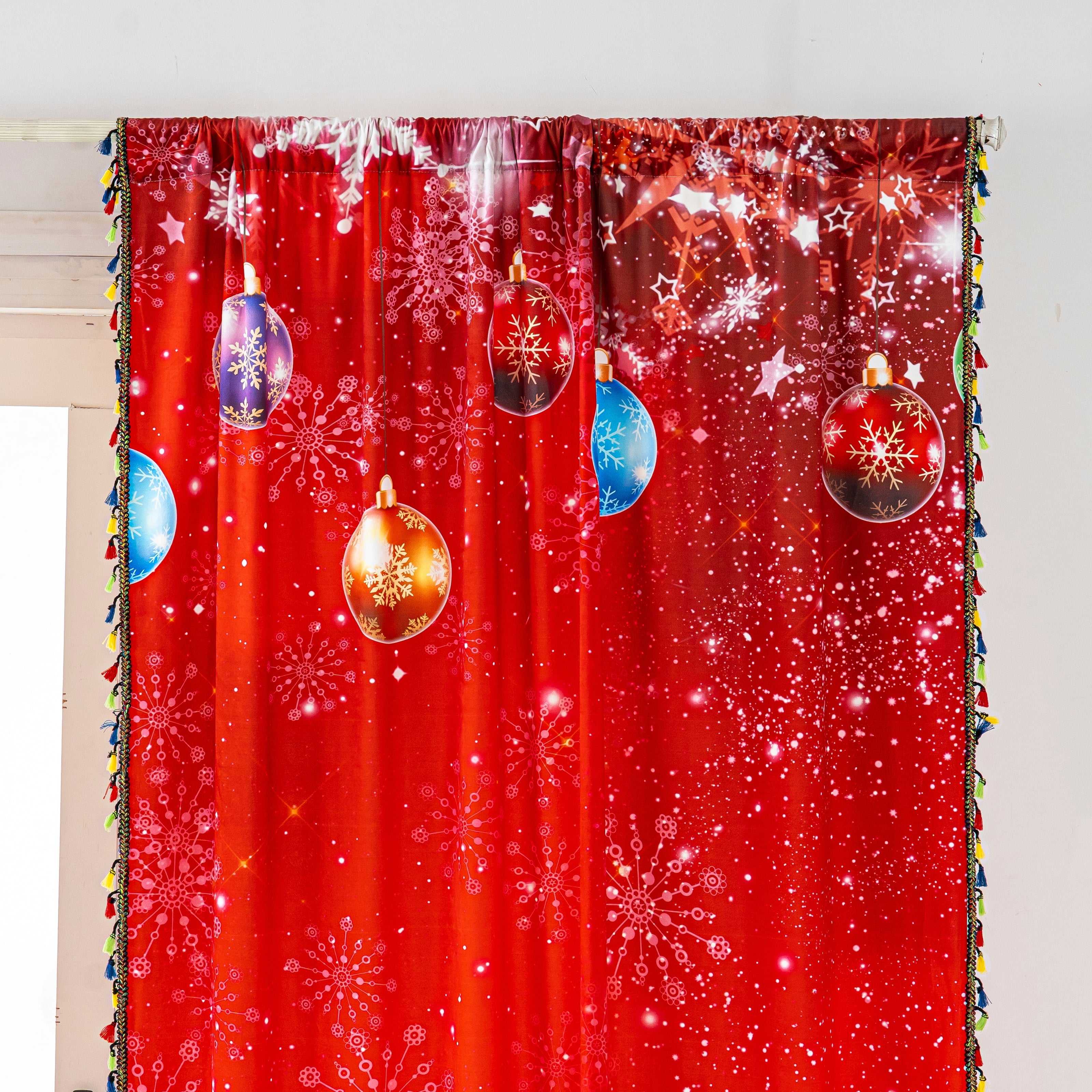 Red Christmas Santa Print Tassel Curtains Grommet Top 2 Panel