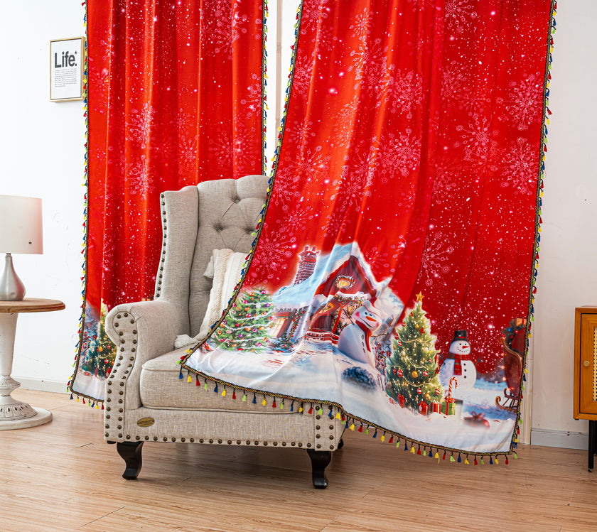 Red Christmas Santa Print Tassel Curtains Grommet Top 2 Panel