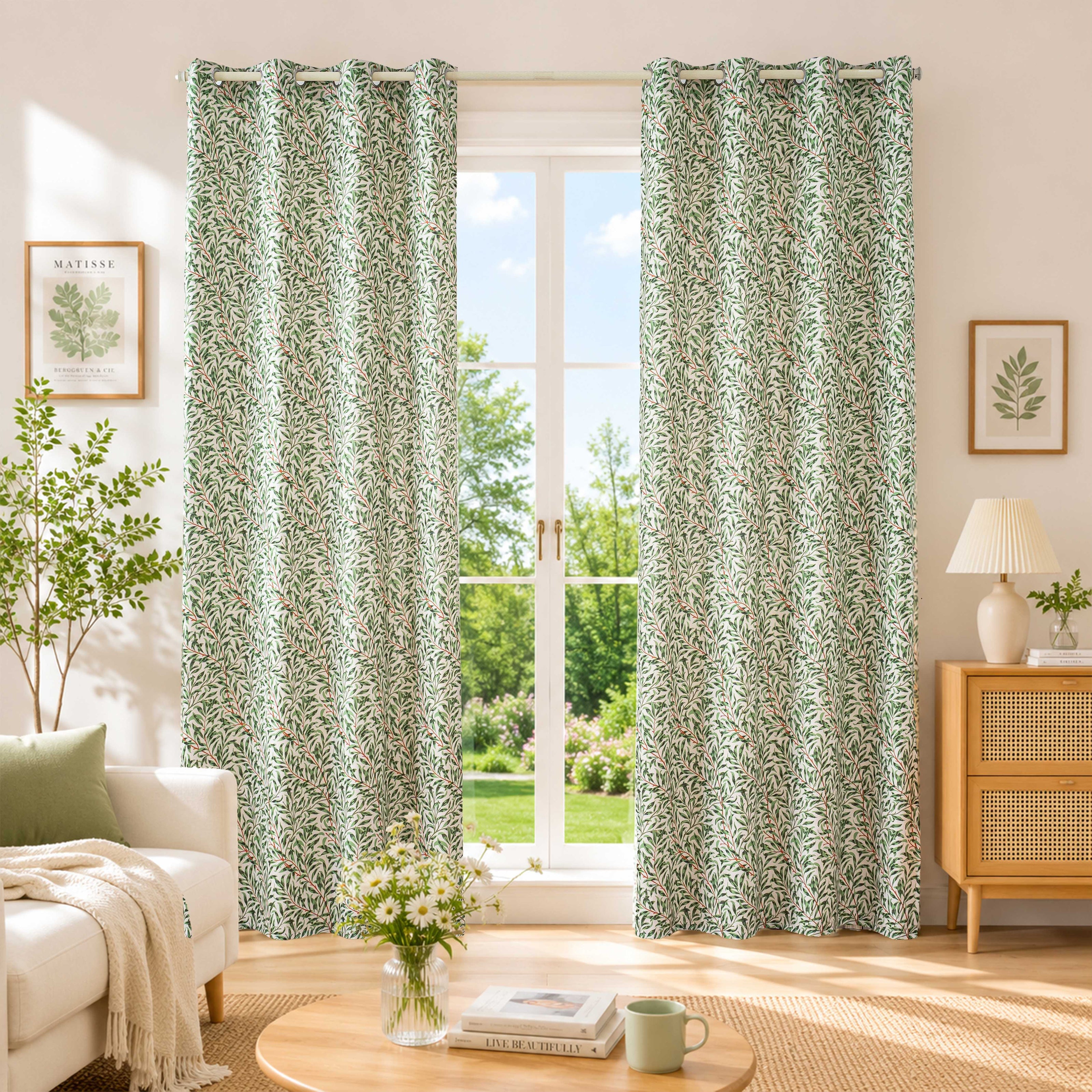 Fresh Green Willow Leaf Linen Texture Curtains Grommet Top 2 Panel