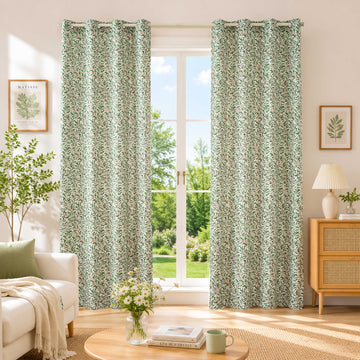 Fresh Green Willow Leaf Print Curtains Grommet Top 2 Panel