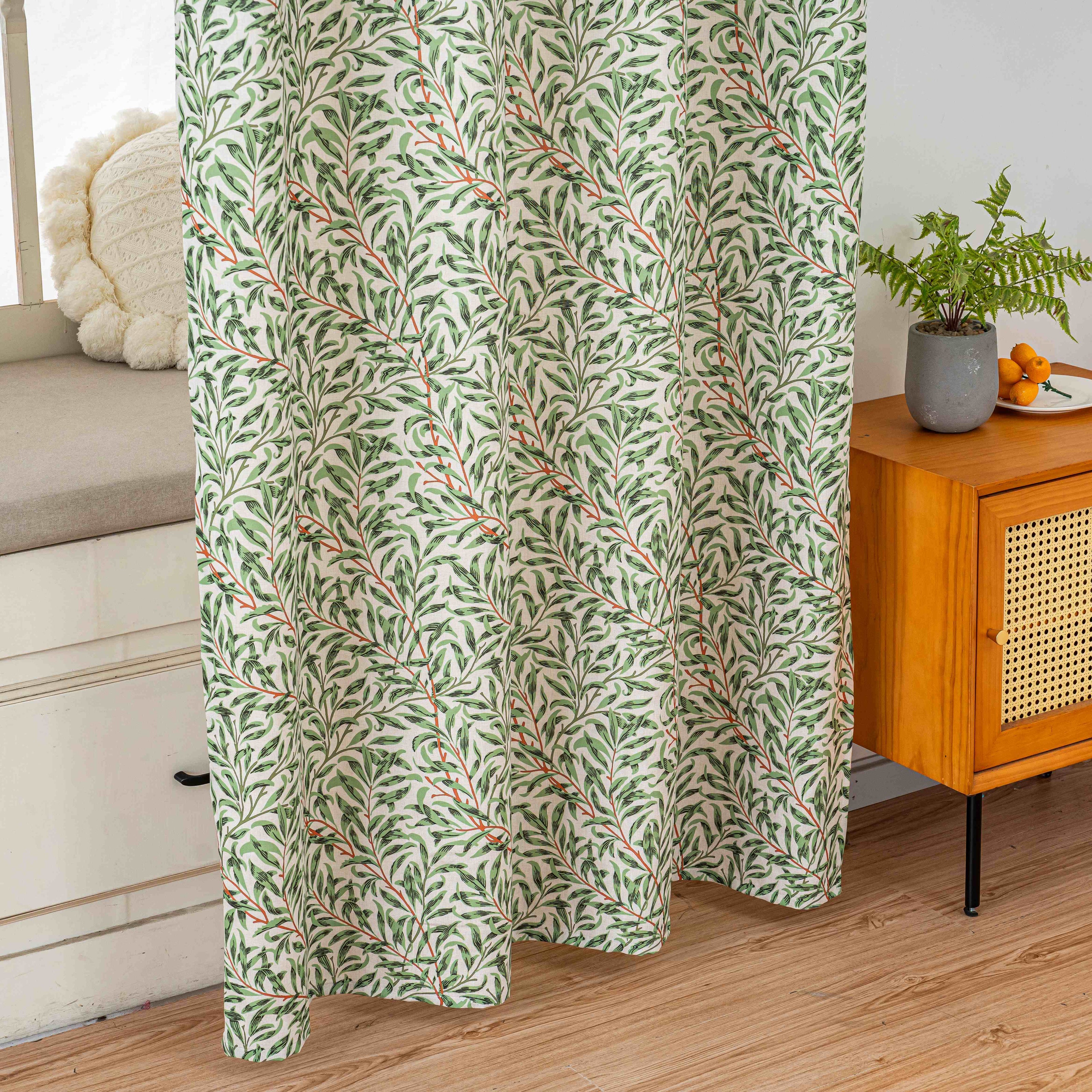 Fresh Green Willow Leaf Linen Texture Curtains Grommet Top 2 Panel