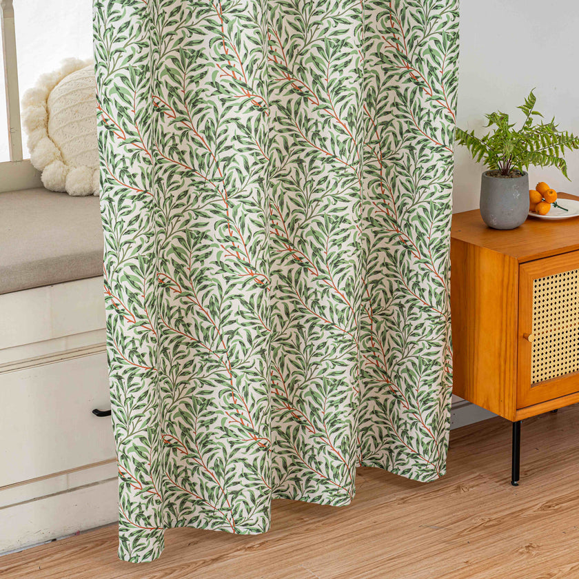 Fresh Green Willow Leaf Linen Texture Curtains Grommet Top 2 Panel