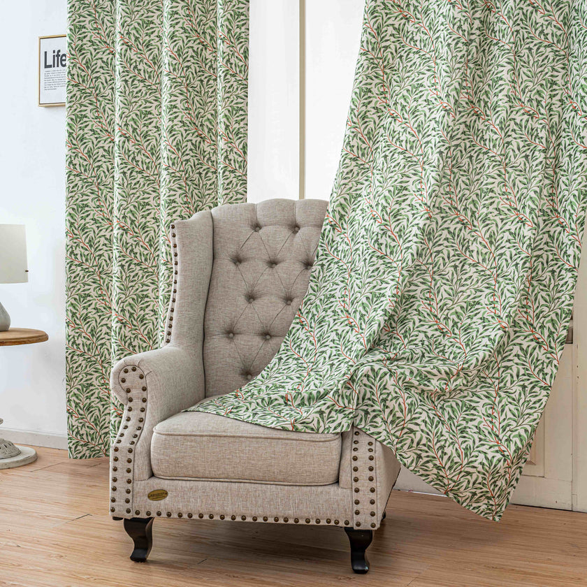 Fresh Green Willow Leaf Linen Texture Curtains Grommet Top 2 Panel