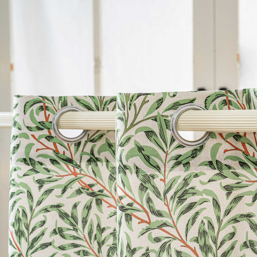 Fresh Green Willow Leaf Linen Texture Curtains Grommet Top 2 Panel