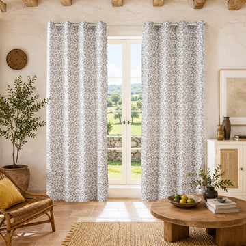Grey Olive Leaf Berry Print Curtains Grommet Top 2 Panel