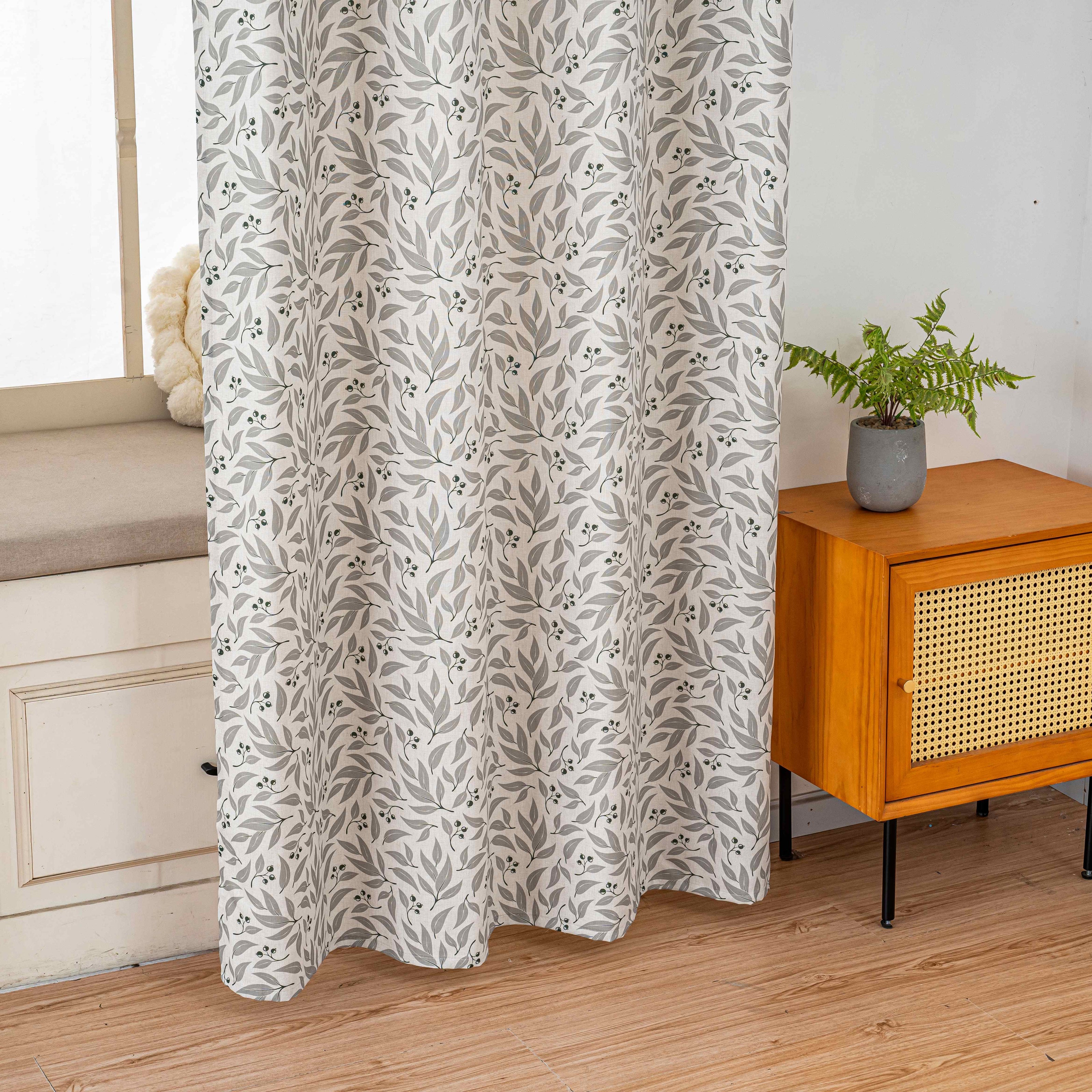 Grey Olive Leaf Berry Linen Texture Curtains Grommet Top 2 Panel