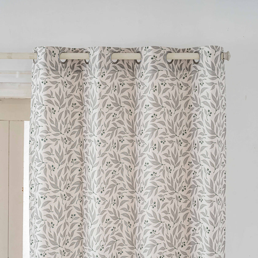 Grey Olive Leaf Berry Linen Texture Curtains Grommet Top 2 Panel