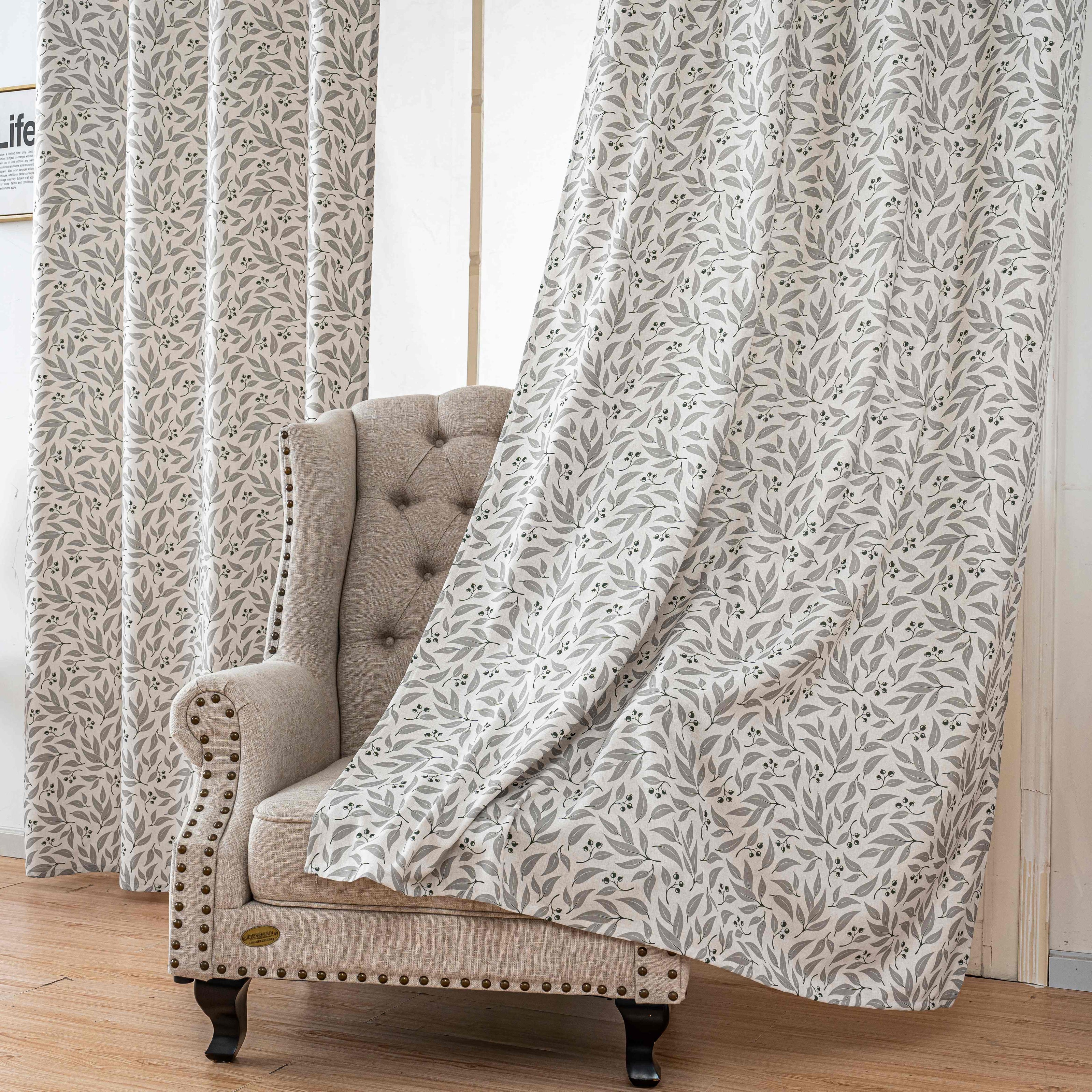 Grey Olive Leaf Berry Linen Texture Curtains Grommet Top 2 Panel