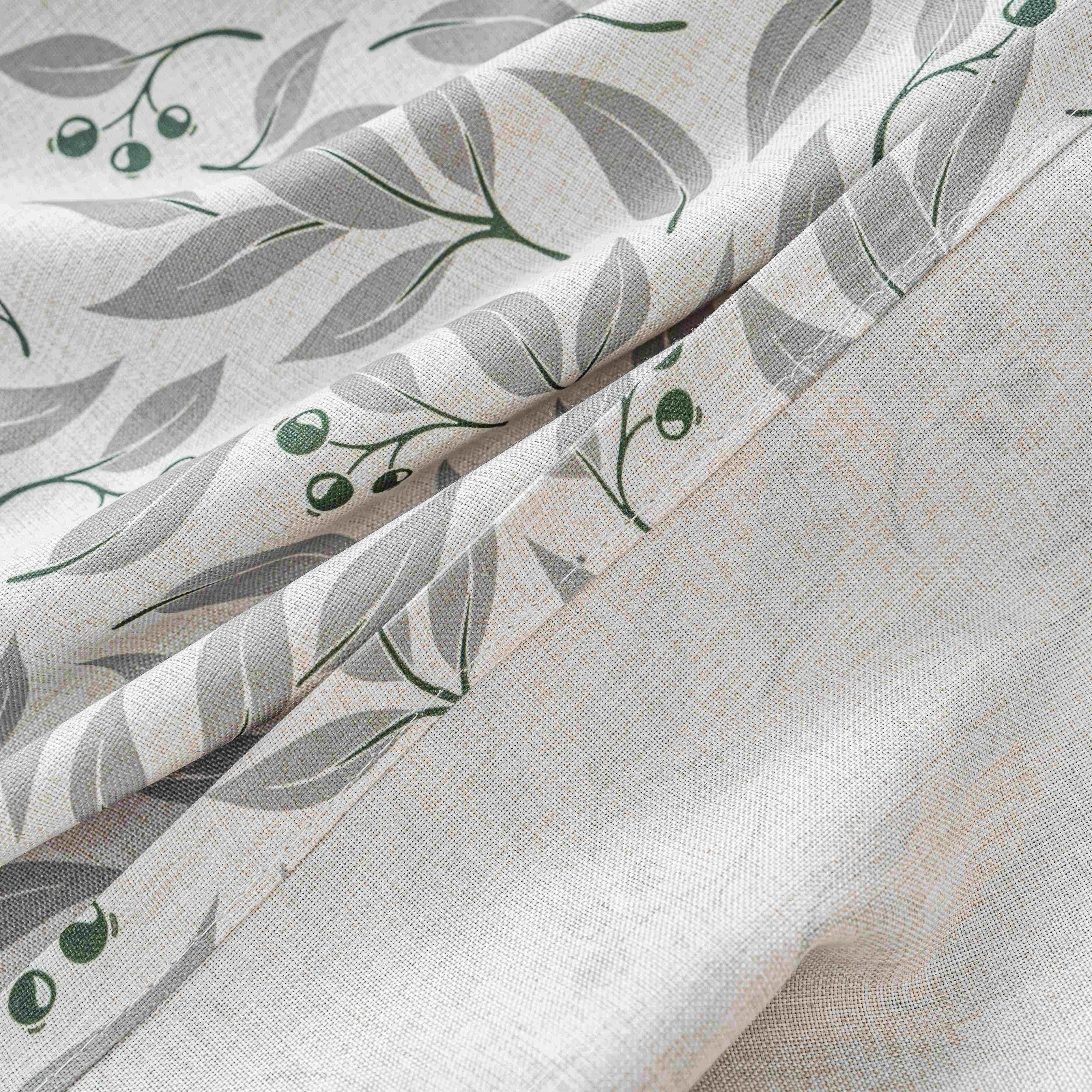 Grey Olive Leaf Berry Linen Texture Curtains Grommet Top 2 Panel