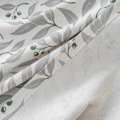 Grey Olive Leaf Berry Linen Texture Curtains Grommet Top 2 Panel