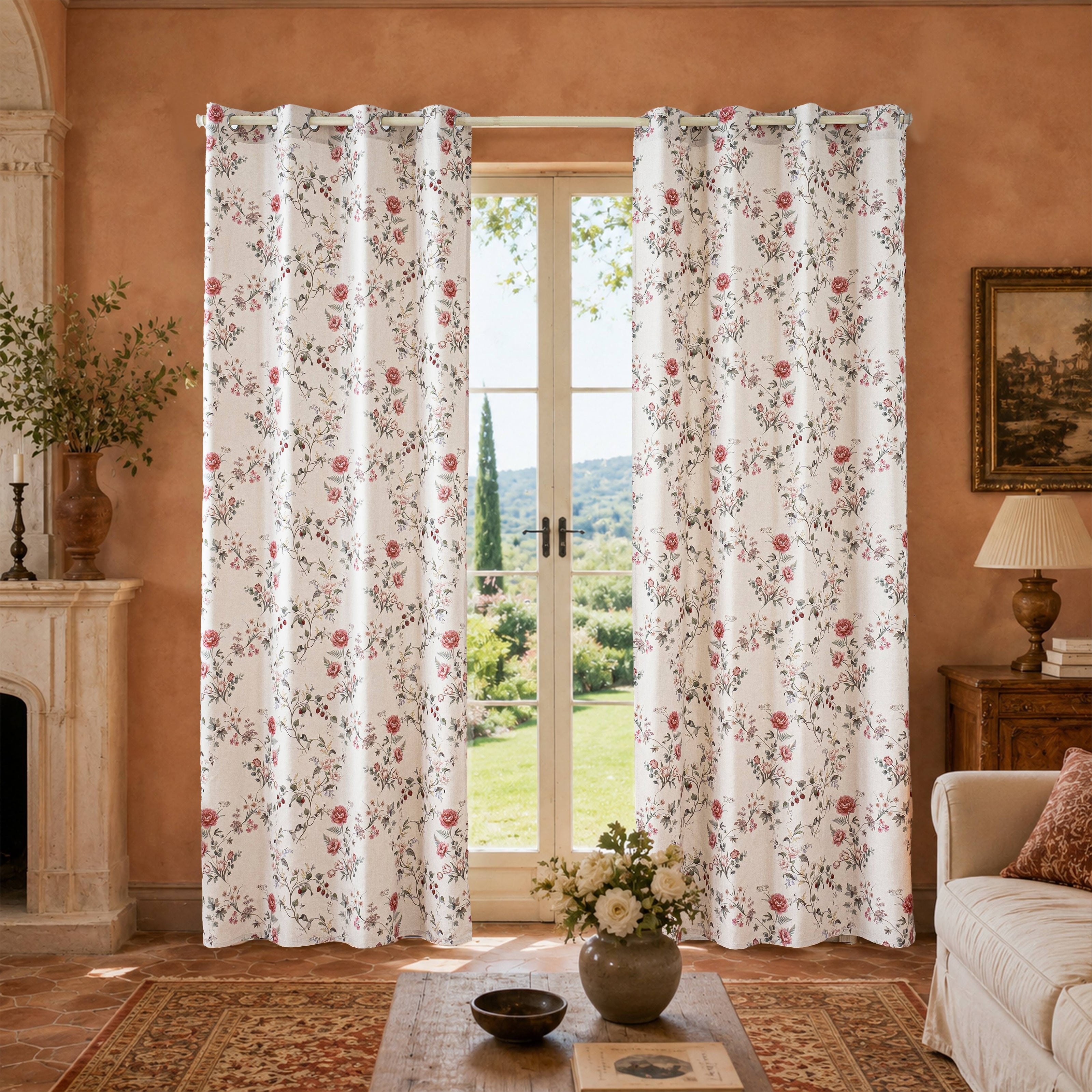 Vintage Pink Rose Floral Linen Texture Curtains Grommet Top 2 Panel