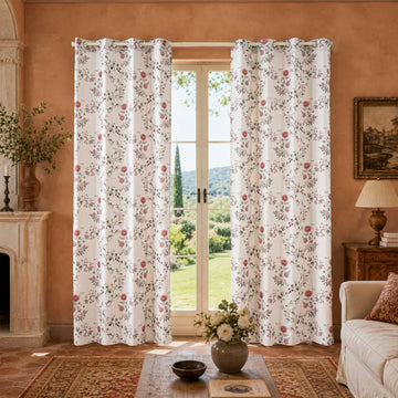 Vintage Pink Rose Floral Print Curtains Grommet Top  2 Panel