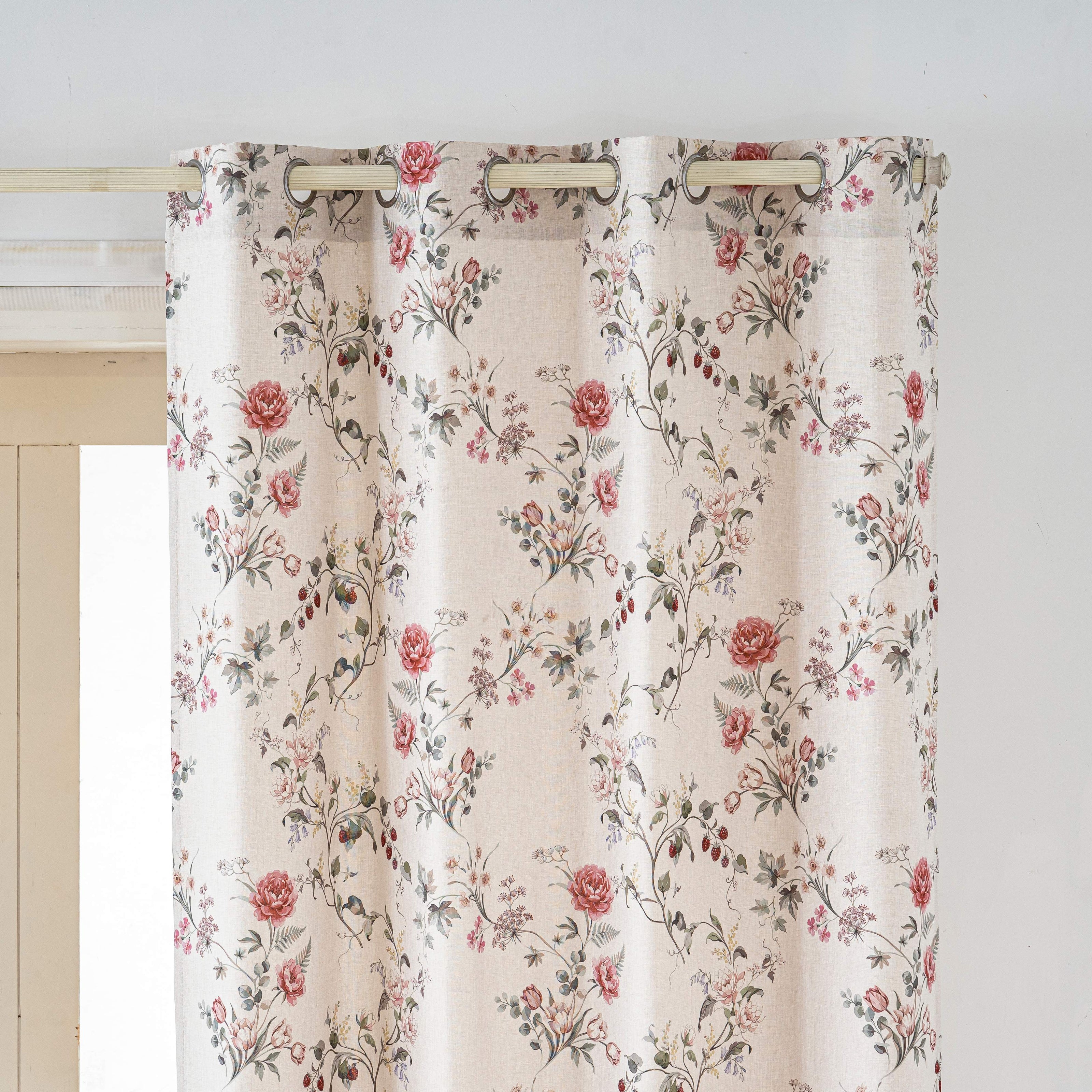 Vintage Pink Rose Floral Linen Texture Curtains Grommet Top 2 Panel
