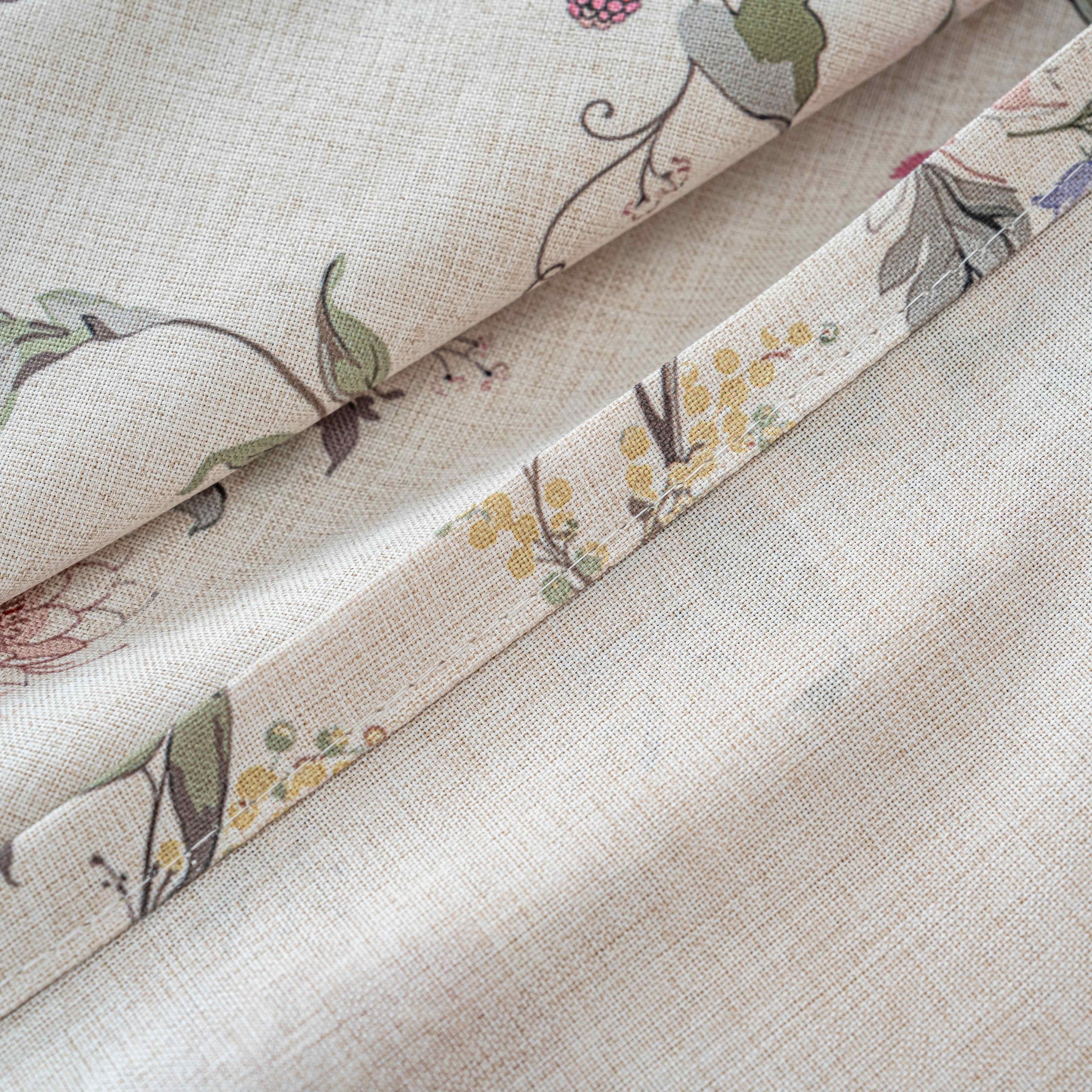 Vintage Pink Rose Floral Linen Texture Curtains Grommet Top 2 Panel