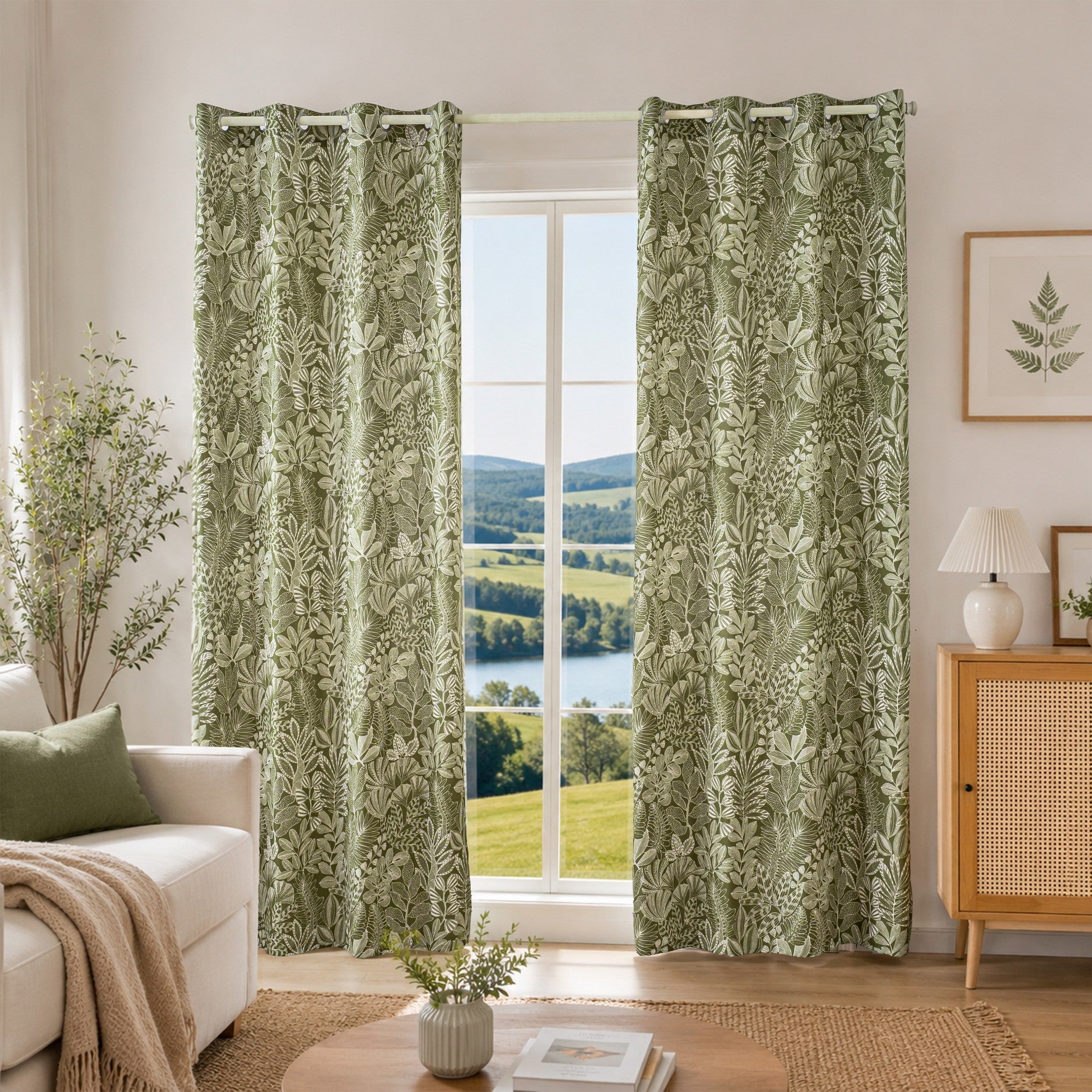 Dark Green Tropical Leaf Linen Texture Curtains Grommet Top 2 Panel