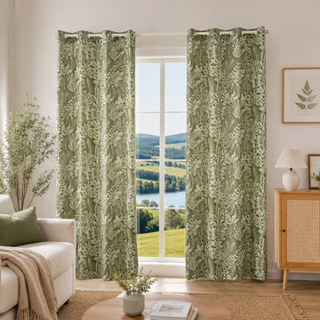 Dark Green Tropical Leaf Print Curtains Grommet Top 2 Panel