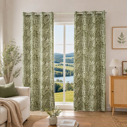 Dark Green Tropical Leaf Linen Texture Curtains Grommet Top 2 Panel