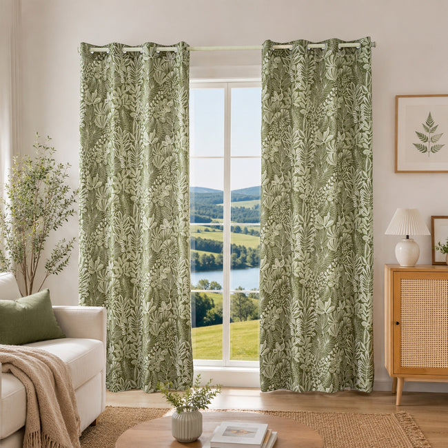 Dark Green Tropical Leaf Linen Texture Curtains Grommet Top 2 Panel