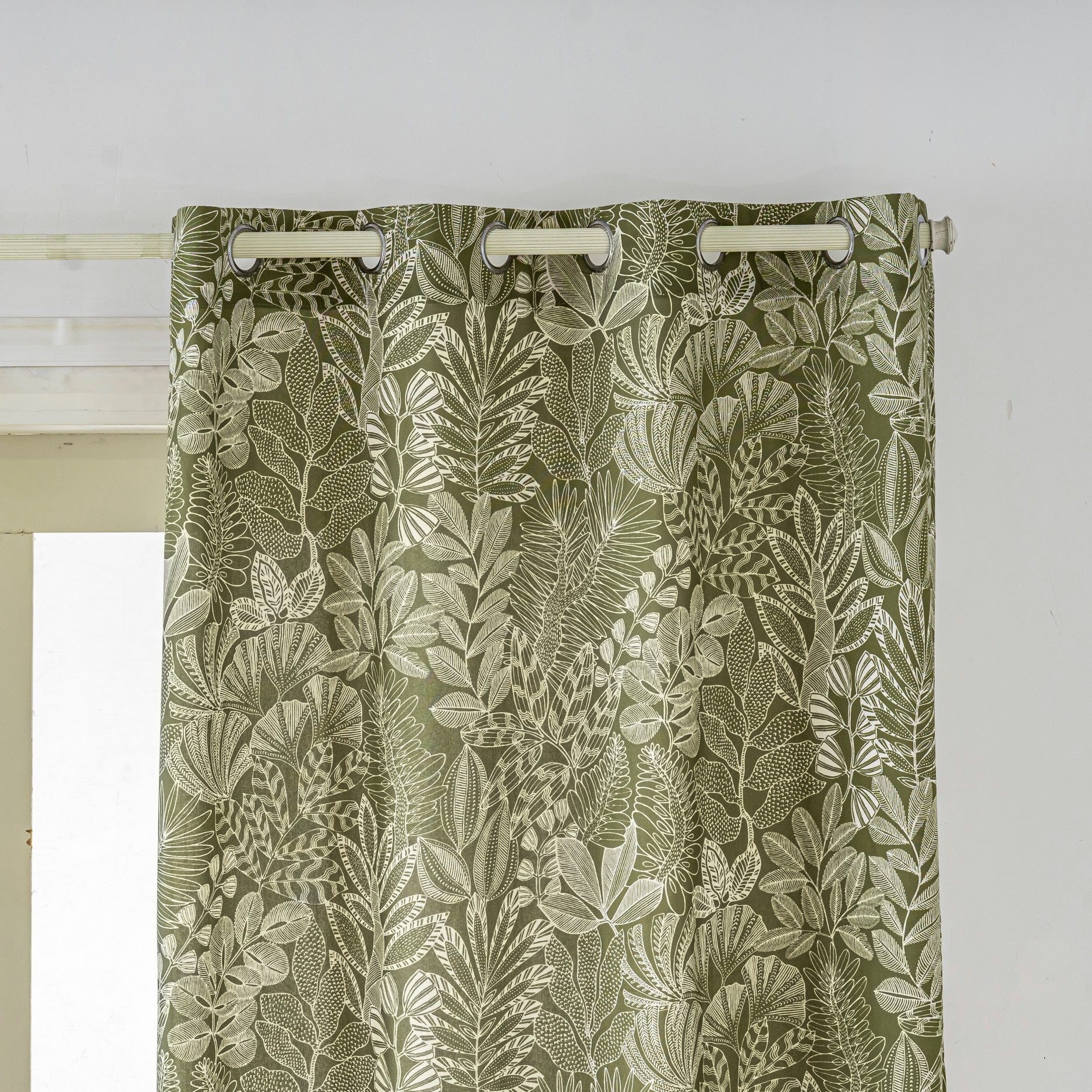 Dark Green Tropical Leaf Linen Texture Curtains Grommet Top 2 Panel